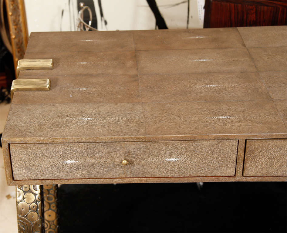 Hand-Crafted Shagreen Desk with Brass Legs, France, Chocolate Color, Three Drawers For Sale
